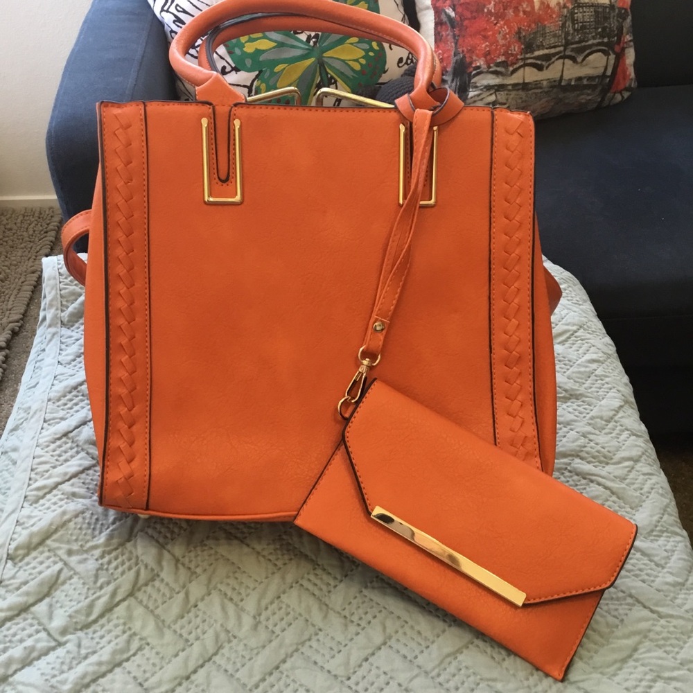 Elegant Orange Satchel Tote and Clutch Set
